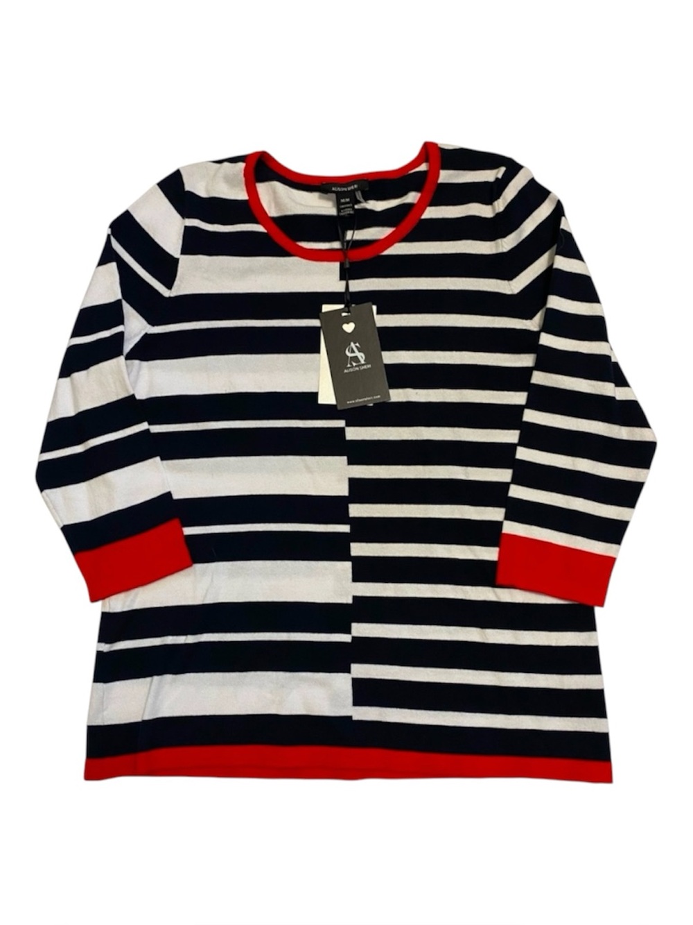 NWT Alison Sheri Black & White Strip Red Scoop Neck Pullover Sweater 3/4 Sle…